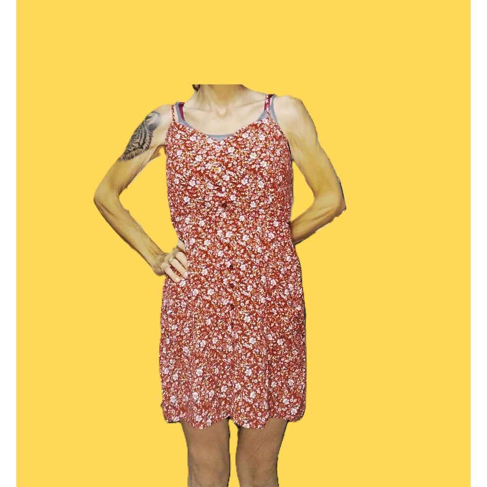 Justify Red Floral Spaghetti Strap Mini Dress Size L  | Pockets & Buttons